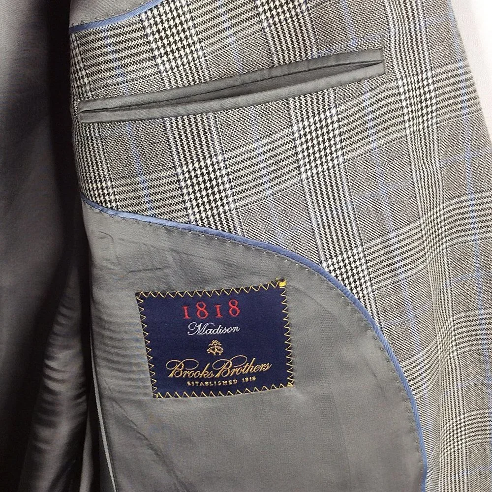 Brooks Brothers 1818 Madison Suit Jacket Mens Size 42L Glen Plaid Wool Silk Gray